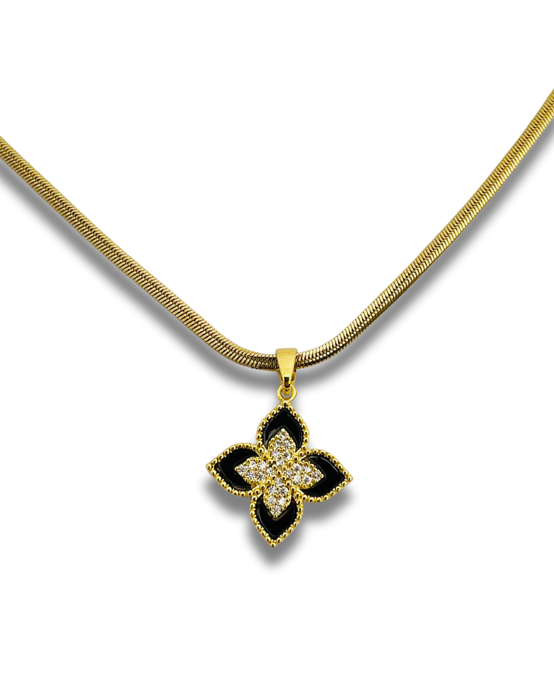 Gold Flat Chain Necklace with Black & Crystal Flower Pendant