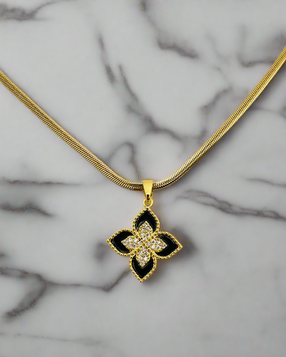 Gold Flat Chain Necklace with Black & Crystal Flower Pendant
