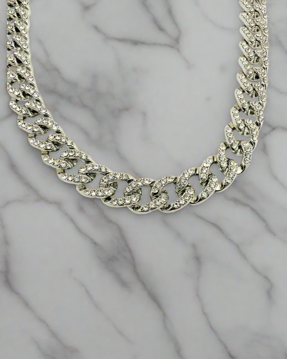Silver Cuban Link Chain with Cubic Zirconia Accents