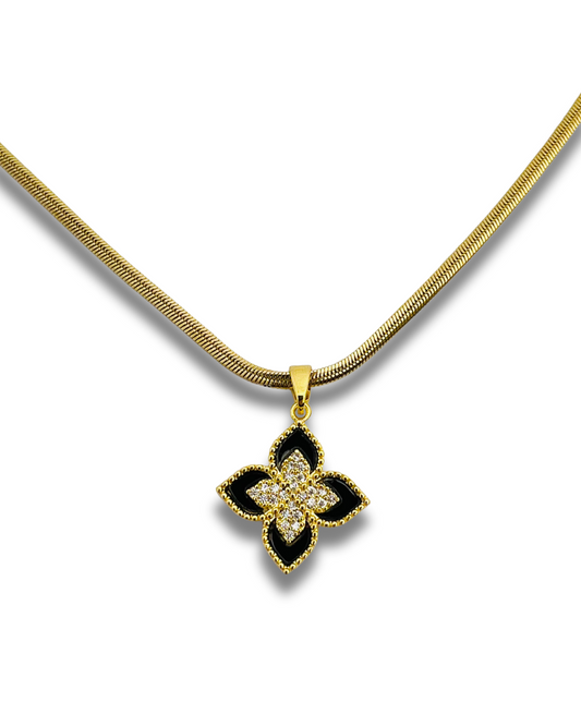 Gold Flat Chain Necklace with Black & Crystal Flower Pendant
