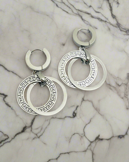 Double Hoop Greek Key Drop Earrings