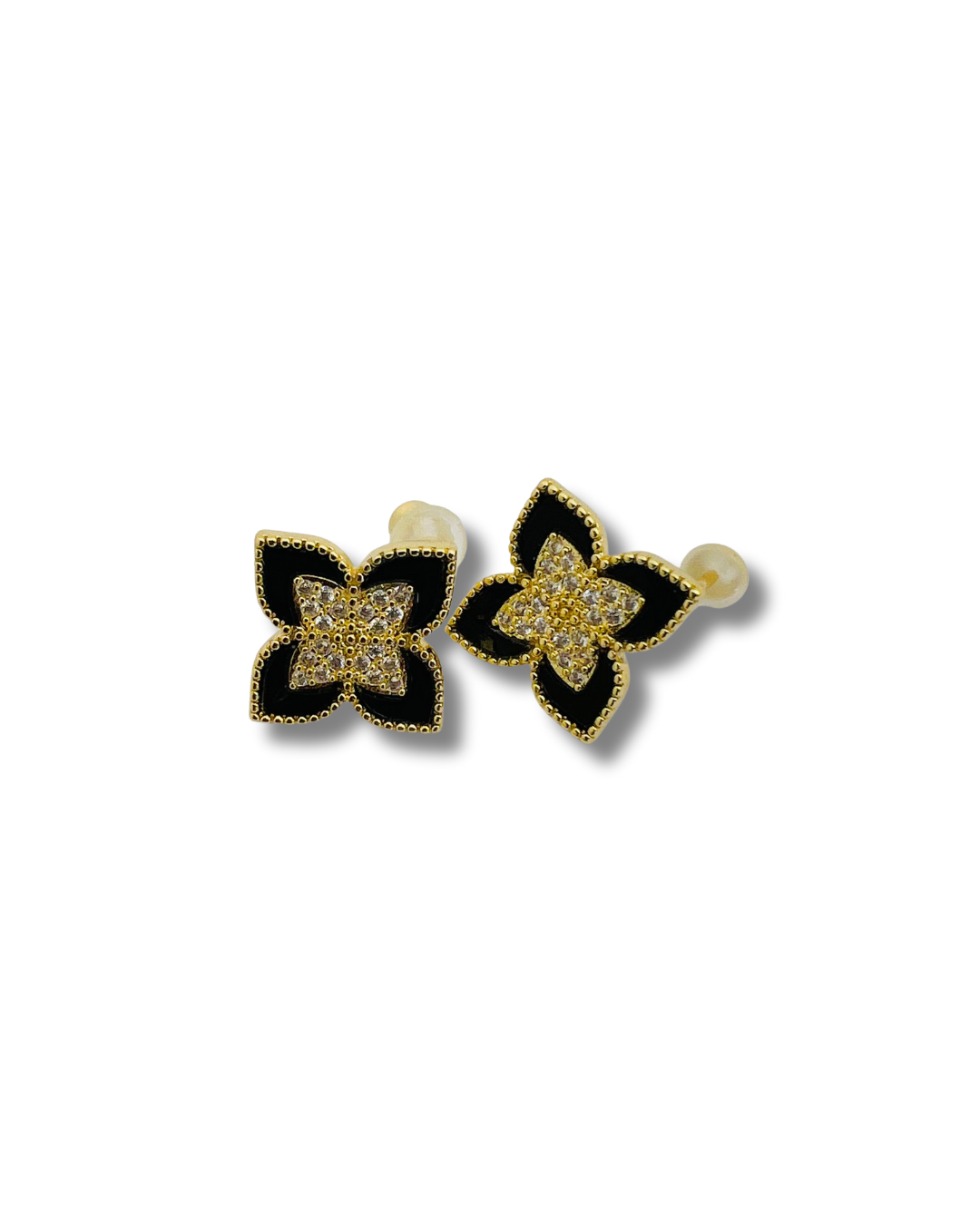 Gold & Black Crystal Flower Stud Earrings