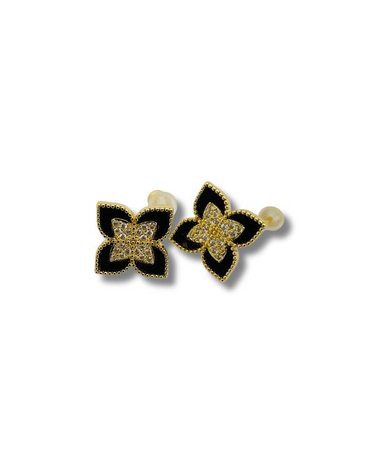 Gold & Black Crystal Flower Stud Earrings