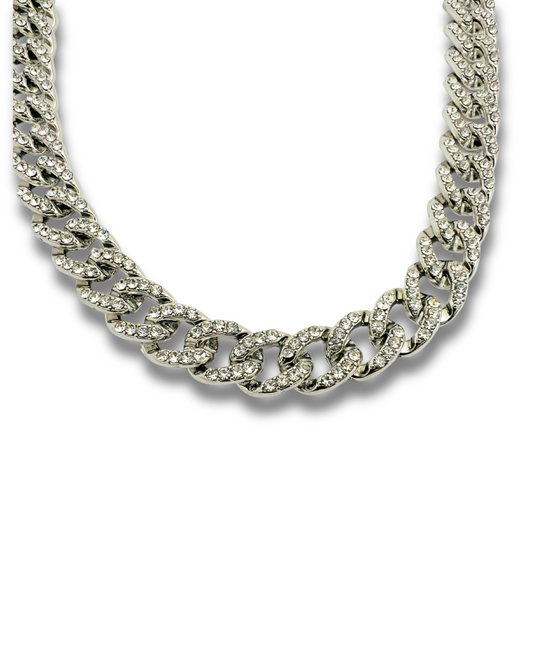 Silver Cuban Link Chain with Cubic Zirconia Accents