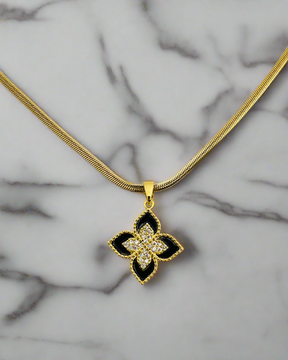 Gold Flat Chain Necklace with Black & Crystal Flower Pendant
