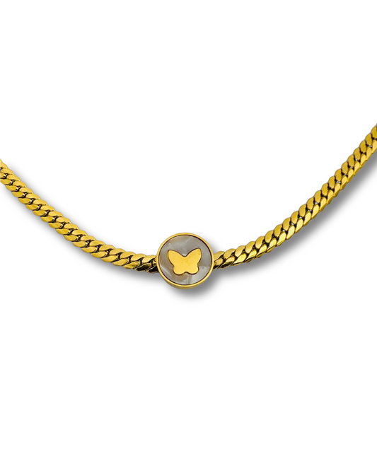Gold Flat Chain Necklace with Butterfly Accent
