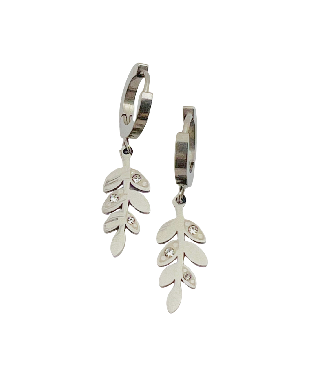 Silver Leaf Drop Earrings with Crystal Accents