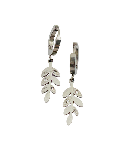 Silver Leaf Drop Earrings with Crystal Accents