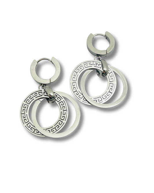 Double Hoop Greek Key Drop Earrings