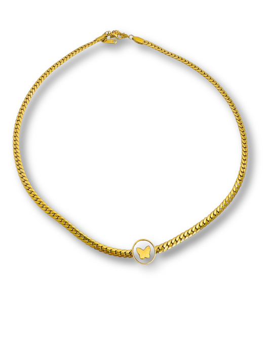 Gold Flat Chain Necklace with Butterfly Accent