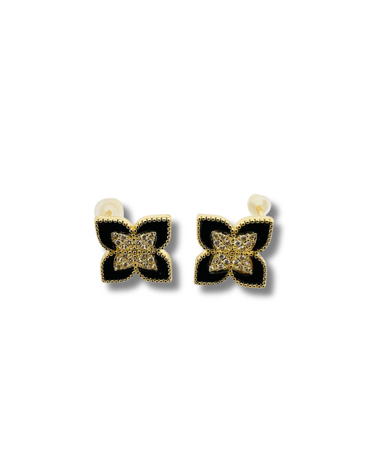 Gold & Black Crystal Flower Stud Earrings
