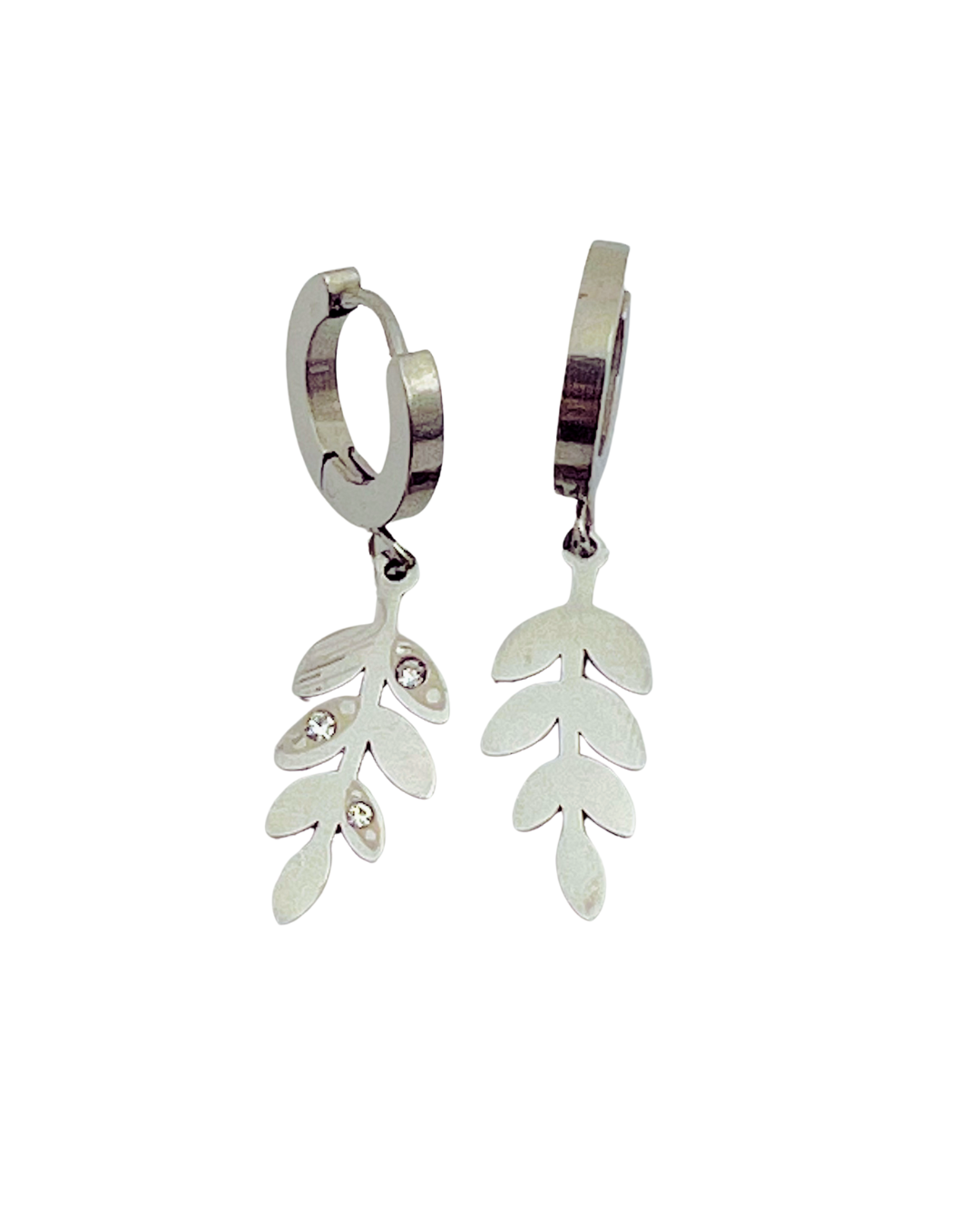 Silver Leaf Drop Earrings with Crystal Accents