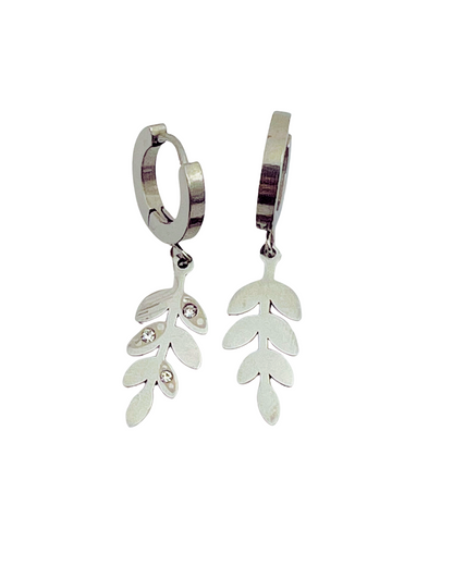 Silver Leaf Drop Earrings with Crystal Accents